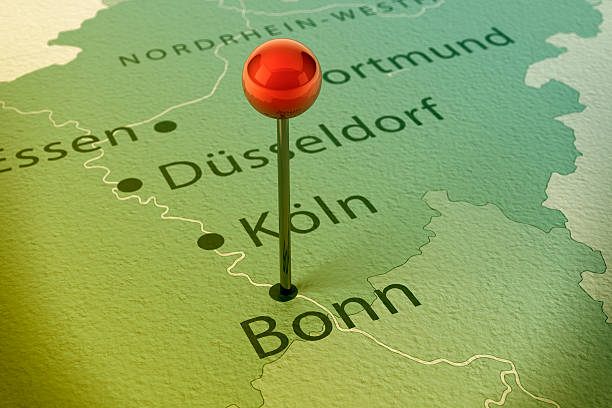 Bonn Map City Straight Pin Vintage 3D Render of a Straight Pin at the Position of the City of Bonn on a Map of Germany. Vintage Color Style. Very high resolution available! bonn germany stock pictures, royalty-free photos & images