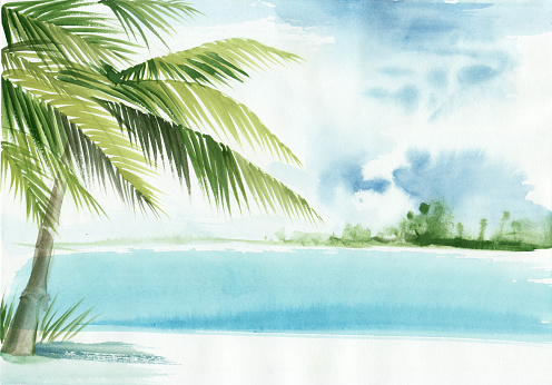 Tropical resort view with a palm. Original watercolor painting.