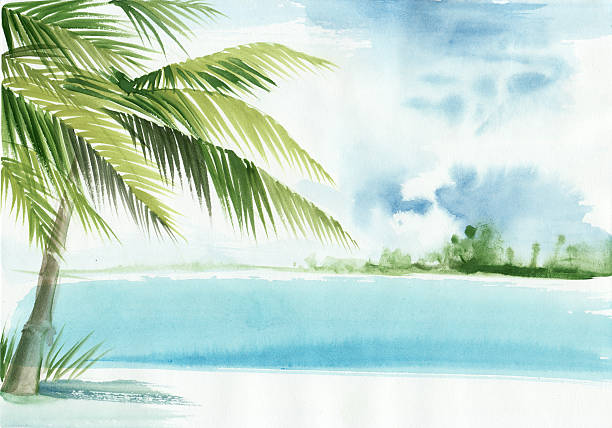 Palm beach resort Tropical resort view with a palm. Original watercolor painting. desert oasis stock illustrations