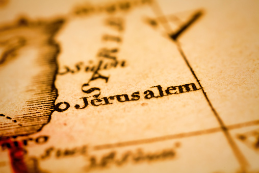 Jerusalem on an old 1810's map. Selective focus and Canon EOS 5D Mark II with MP-E 65mm macro lens.