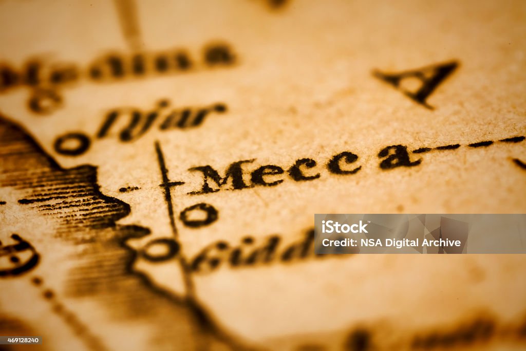Mecca on an Antique Map Mecca, Saudi Arabia on an old 1810's map. Selective focus and Canon EOS 5D Mark II with MP-E 65mm macro lens. Map Stock Photo