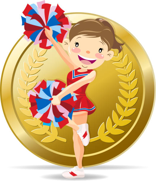 Cheerleader cheers for sports in front of medal Little girl cheerleader cheers for sports in front of golden medal. pep rally stock illustrations