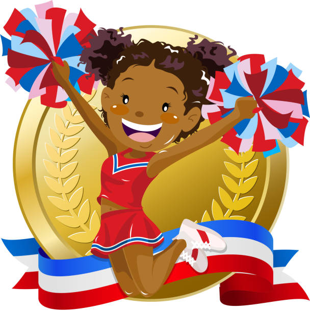 Cheerleader jumping in front of golden medal Little girl cheerleader jumping in front of golden medal with banner. pep rally stock illustrations