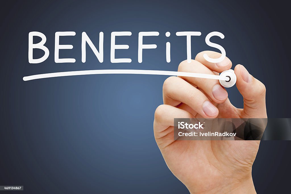 Benefits White Marker Hand writing Benefits with white marker on transparent wipe board. Concepts Stock Photo