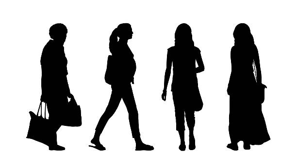 ilustrações, clipart, desenhos animados e ícones de conjunto de silhuetas de pessoas a pé ao ar livre, 27 - aging process women human age profile