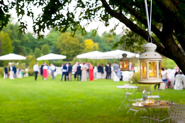 Outdoor wedding reception with green scenery