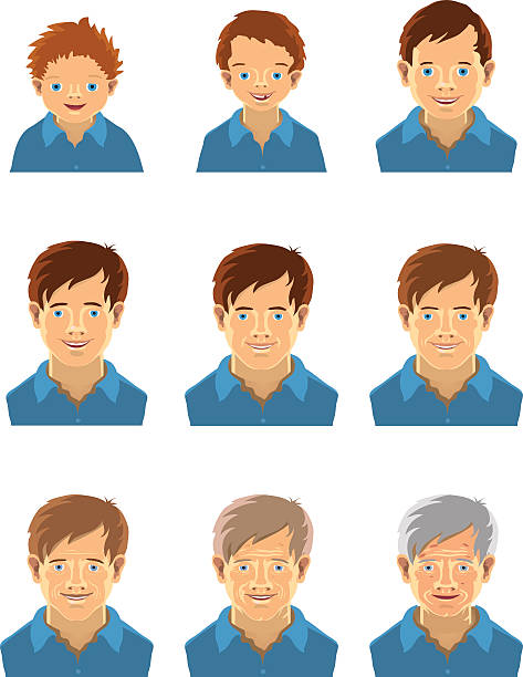 age-related zmiany - senior adult human face male action stock illustrations