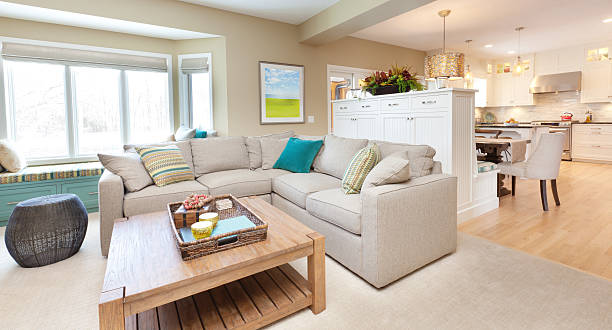 istock Open Concept Modern Family Room Den and Kitchen Design 469146150