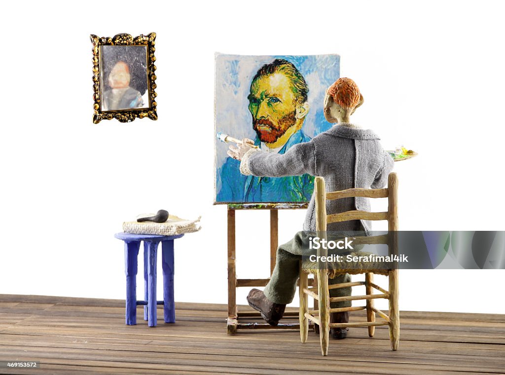 painter's workshop miniature of Van Gogh drawing self-portreit on white background Vincent Van Gogh - Painter Stock Photo