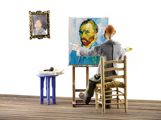 painter's workshop miniature of Van Gogh drawing self-portreit on white background vincent van gogh painter stock pictures, royalty-free photos & images