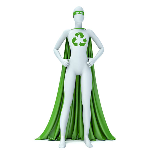 3d white people ecological superhero with recycle sign, isolated white background
