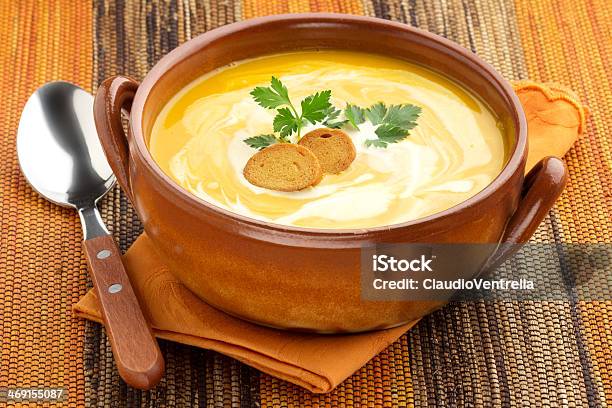 Creamy Carrot Soup With Croutons And Parsley Stock Photo - Download Image Now - Soup, Appetizer, Autumn