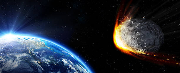 Impact Earth - meteor in route collision danger of space. asteroid stock pictures, royalty-free photos & images