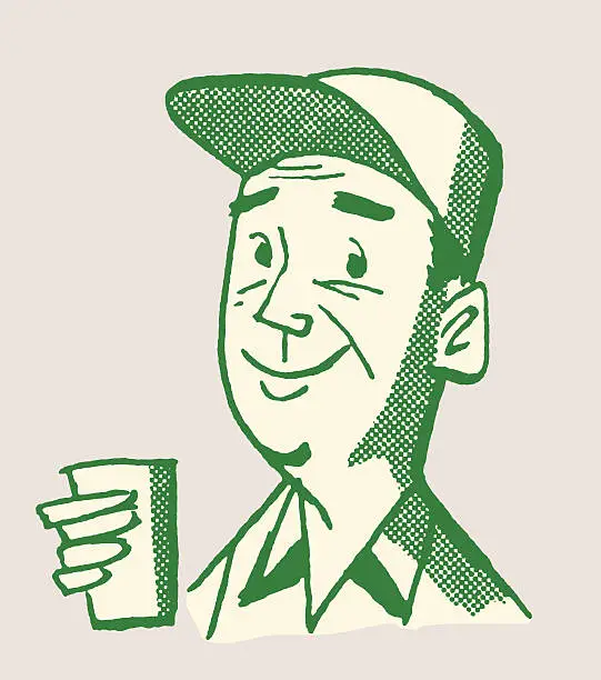 Vector illustration of Man in Hat Holding Cup