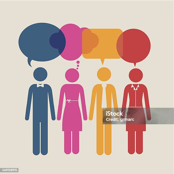 Four Colorful People Cartoons With Matching Speech Bubbles Stock Illustration - Download Image Now