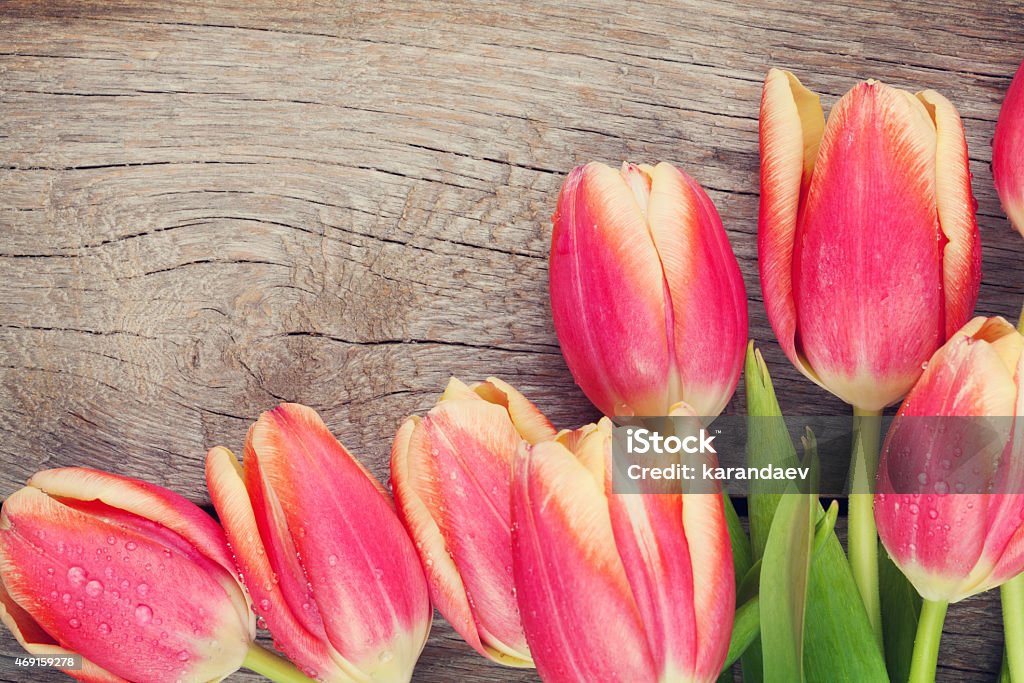 Colorful tulips on wooden table Colorful tulips on wooden table. Top view with copy space 2015 Stock Photo