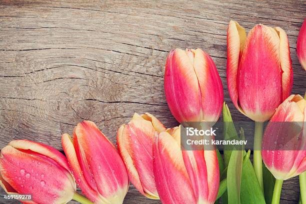 Colorful Tulips On Wooden Table Stock Photo - Download Image Now - 2015, Above, Backgrounds