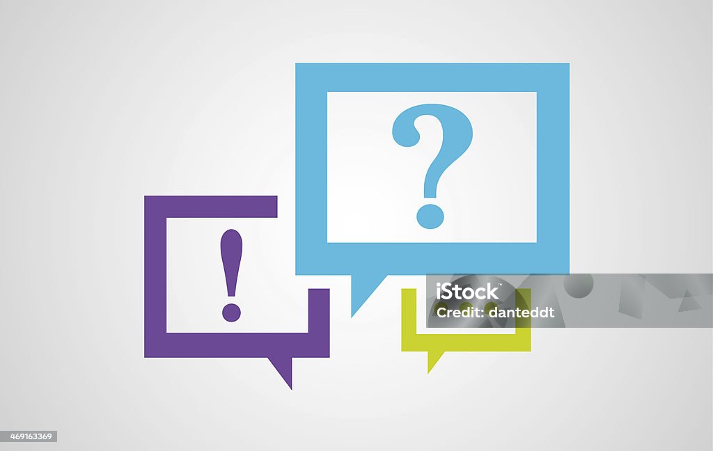 Clean and color speech balloons with simbols three balloons representing conversations with exclamation mark and reluctance. Colorful balloons representing speech, dialogue, conversation. Clean and colorful design Question Mark Stock Photo