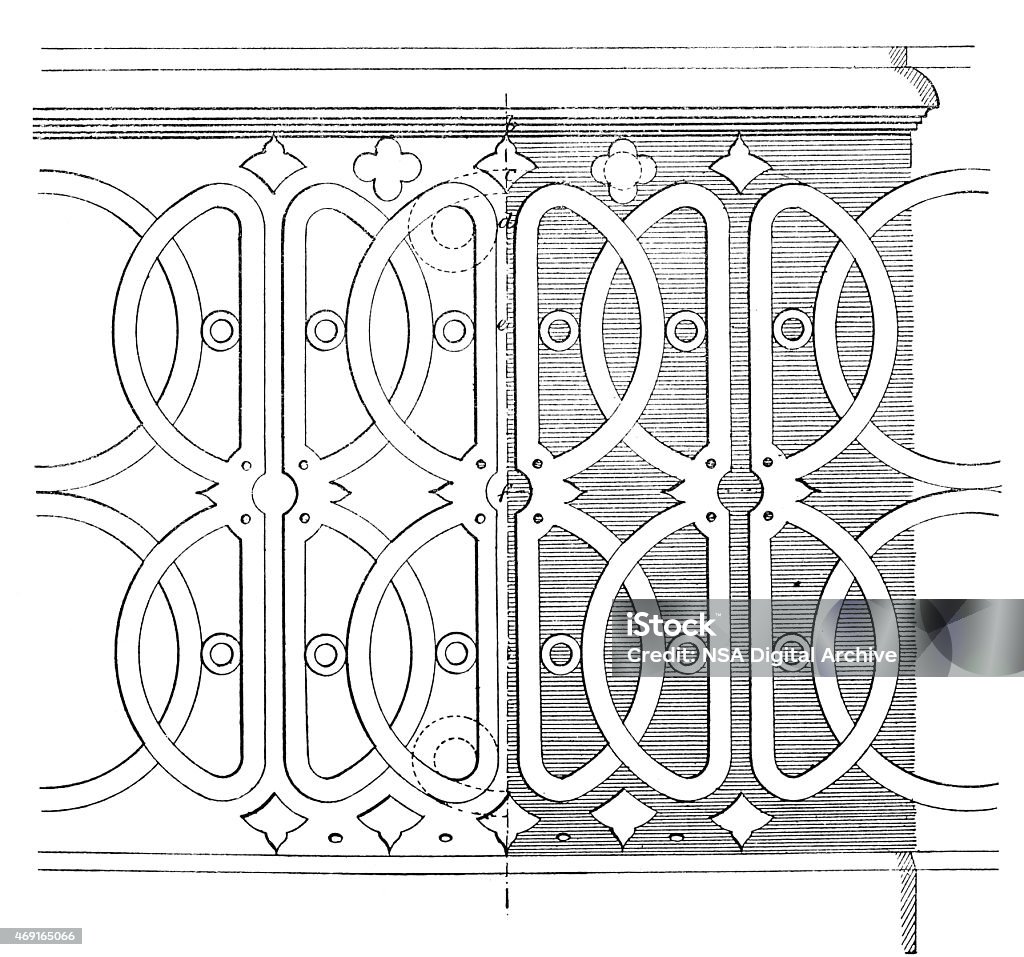 Design for a balustrade or balcony rail 19th century design for a balustrade or balcony rail. Published in 'The Practical Magazine, an Illustrated Cyclopedia of Industrial News, Inventions and Improvements, collected from foreign and British sources for the use of those concerned in raw materials, machinery, manufactures, building, and decoration.'  (Wedwood, Watt & Co./ W.P. Bennett & Co., London/Birmingham, 1873). Baluster stock illustration