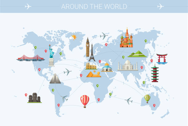 일러스트레이션 평편 디자인식 엽서, 유명한 세계적 명소 아이콘 - landmark of the world stock illustrations