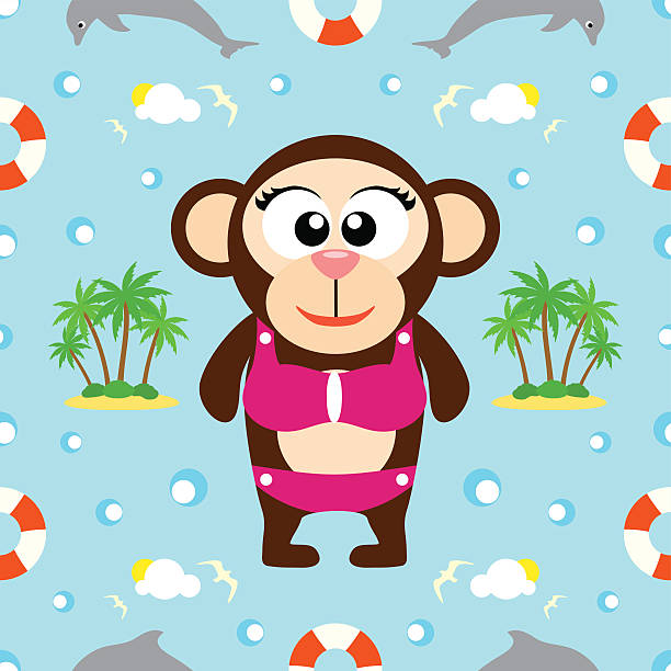 夏のシームレスな背景に猿 - チンパンジー点のイラスト素材／クリップアート素材／マンガ素材／アイコン素材