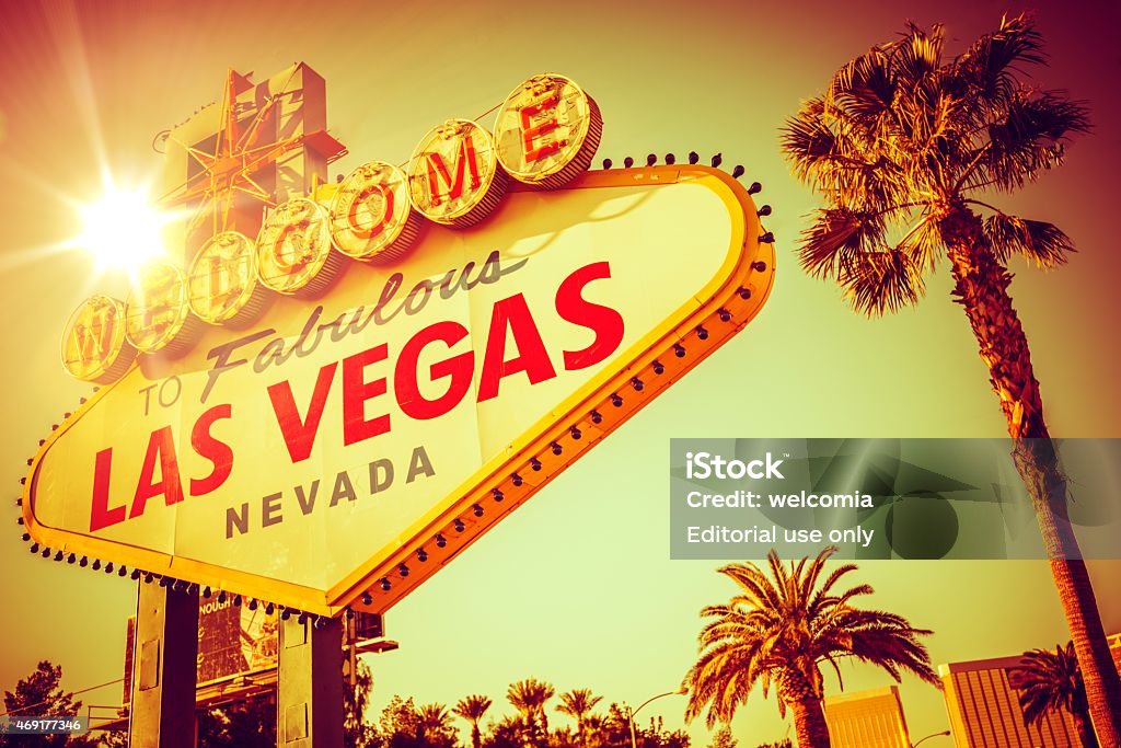 Famous Las Vegas Nevada World Famous Las Vegas Nevada. Vegas Strip Entrance Sign in 80s Vintage Color Grading. United States of America. Welcome To Fabulous Las Vegas Nevada Sign Stock Photo