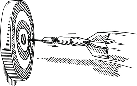 Hand-drawn vector drawing of a Flying Dart about hitting the Center of the Target, Success Concept Image. Black-and-White sketch on a transparent background (.eps-file). Included files are EPS (v10) and Hi-Res JPG.