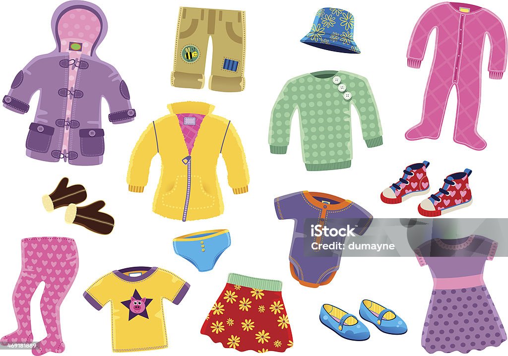 Young girls clothing items A collection of 15 isolated pieces of young girls typical clothing. Items include; coat, fleece top, skirt, leggings, sheepskin gloves and under garments. Clothing stock vector