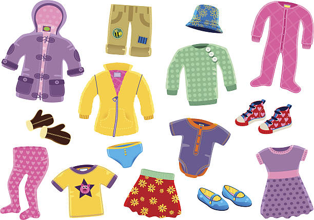 Young girls clothing items A collection of 15 isolated pieces of young girls typical clothing. Items include; coat, fleece top, skirt, leggings, sheepskin gloves and under garments. kids winter coat stock illustrations