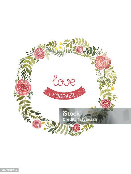 Watercolor Wreath With Roses And Leaves Stock Illustration - Download Image Now - 2015, Illustration, Leaf