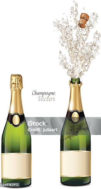 Vector Closed And Explosion Bottles Of Champagne Stock Illustration - Download Image Now - Champagne, Bottle, Bubble