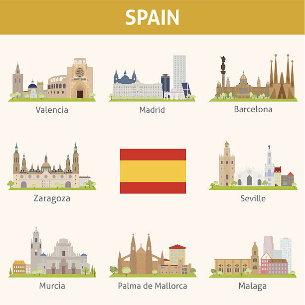 ilustraciones, imágenes clip art, dibujos animados e iconos de stock de españa.  símbolos de ciudades - barcelona sevilla
