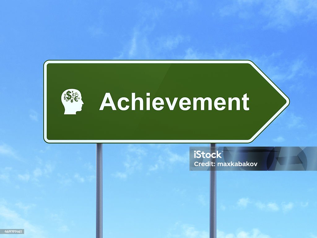 Education concept: Achievement and Head With Finance Symbol Education concept: Achievement and Head With Finance Symbol icon on green road (highway) sign, clear blue sky background, 3d render Achievement Stock Photo