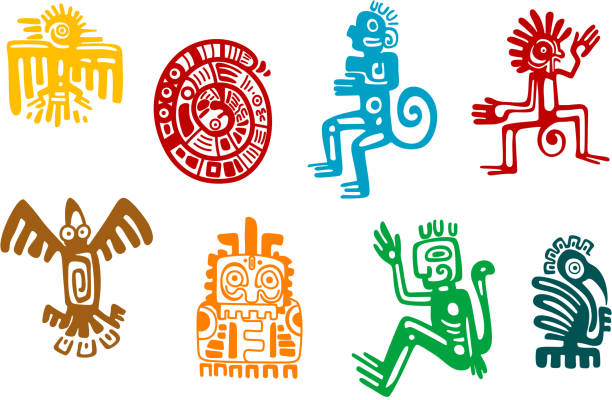 ilustraciones, imágenes clip art, dibujos animados e iconos de stock de aztec arte abstracto maya y símbolos - guerrero azteca