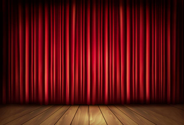 istock Background with red velvet curtain and a wooden floor. 469193225