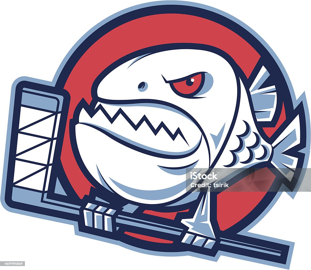 Escudo agresivos piraña tiene palo de hockey - arte vectorial de Piraña libre de derechos