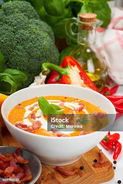Carrot Sweet Pepper Cream Soup With Bacon Stock Photo - Download Image Now - 2015, Appetizer, Bacon