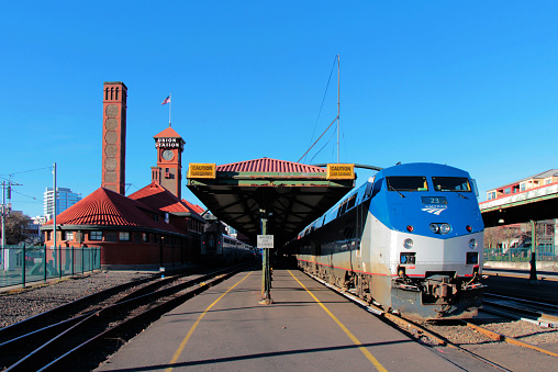 Portland, OR, USA - Jan 1, 2015: Amtrak Coast Starlight (No. 11 Seattle - Los Angeles) stopped at Portland Union Station.