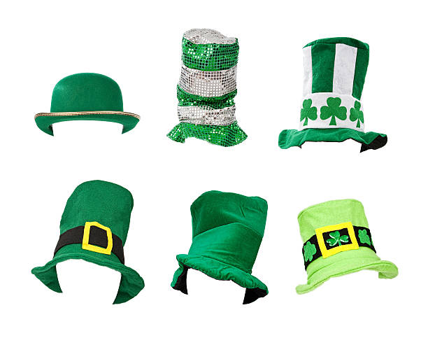 Assortment of St Patricks Day Hats Six St. Patrick's Day hats isolated on white for easy extraction. Images were taken on a model head for proper perspecive and easy placement on your subject. headwear stock pictures, royalty-free photos & images