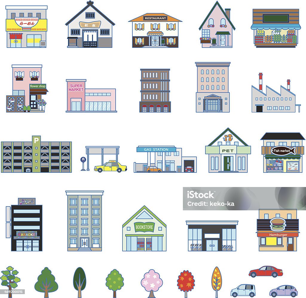 Illustrations of various building types Illustration of building Store stock vector