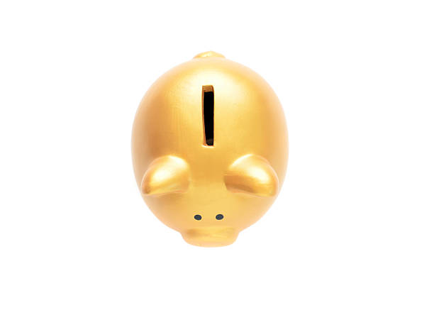 Closeup of a mass produced, generic piggy bank on a white background from above.  