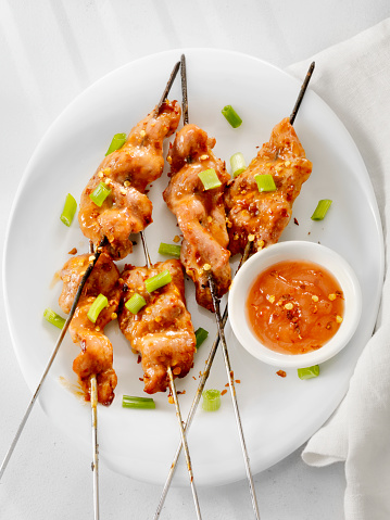 Sweet and Sour Chicken (also looks like Pork) Skewers with Green onion-Photographed on Hasselblad H3D2-39mb Camera