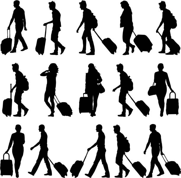 ブラックのシルエットにスーツケースのお客様には、 - tourist travel people traveling silhouette点のイラスト素材／クリップアート素材／マンガ素材／アイコン素材