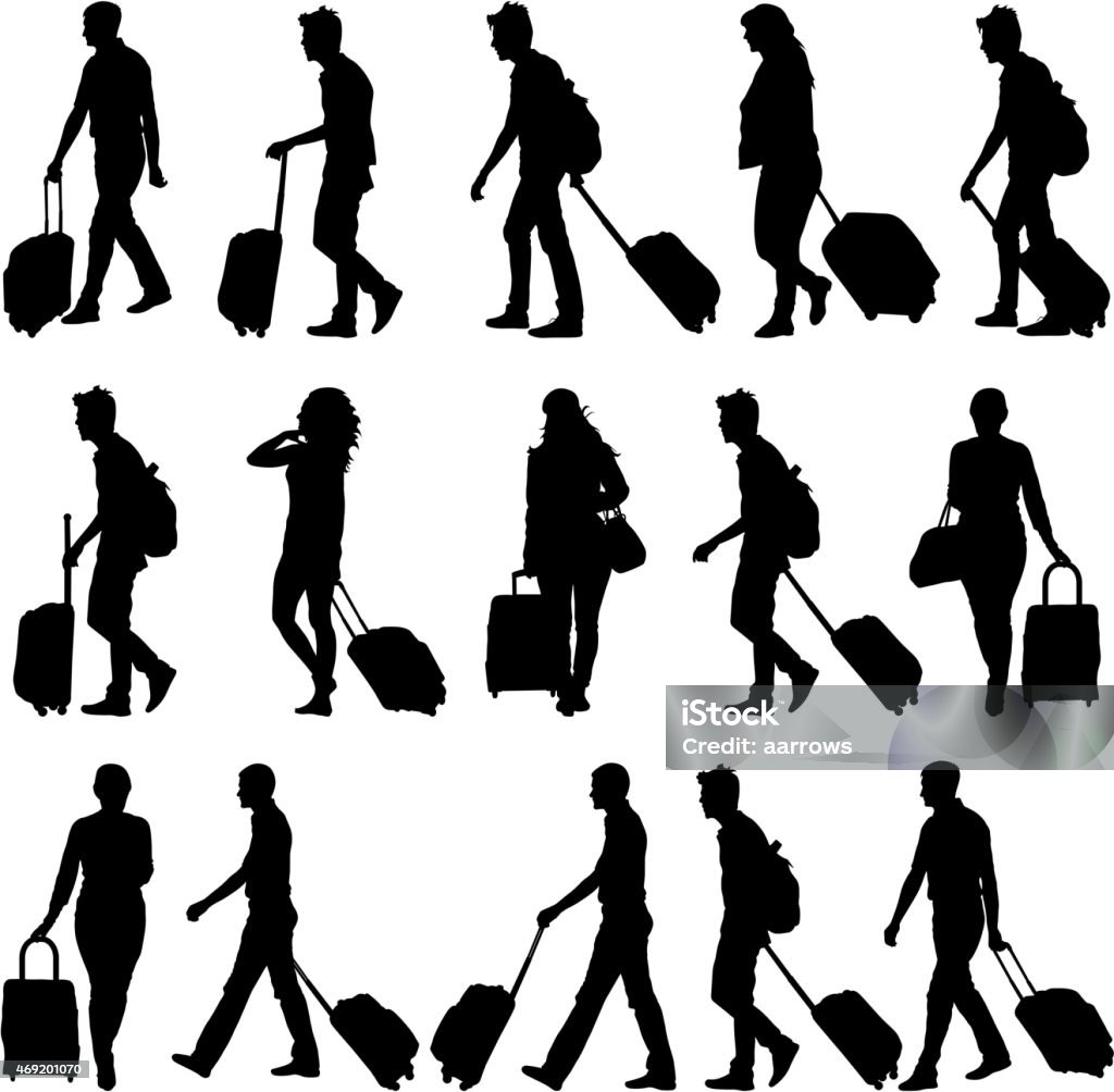 Black silhouettes travelers with suitcases Black silhouettes travelers with suitcases on white background. Vector illustration. In Silhouette stock vector