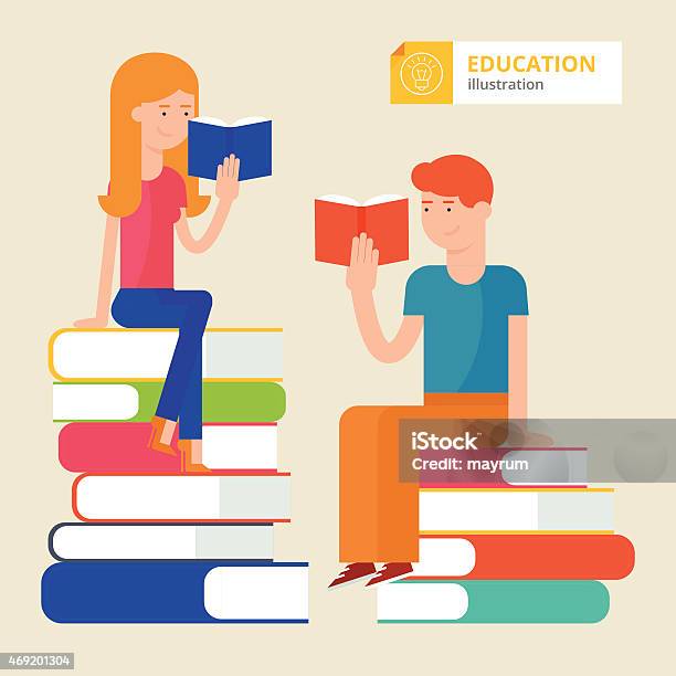 Vector Illustration Of Two Student Stock Illustration - Download Image Now - 2015, Book, Document