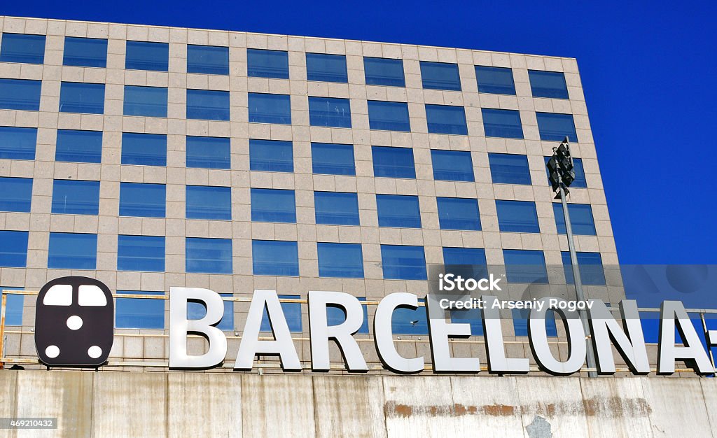 Barcelona sign on the Sants railway station Barcelona sign on the facade of Sants railway station, Barcelona city, Spain Barcelona - Spain Stock Photo
