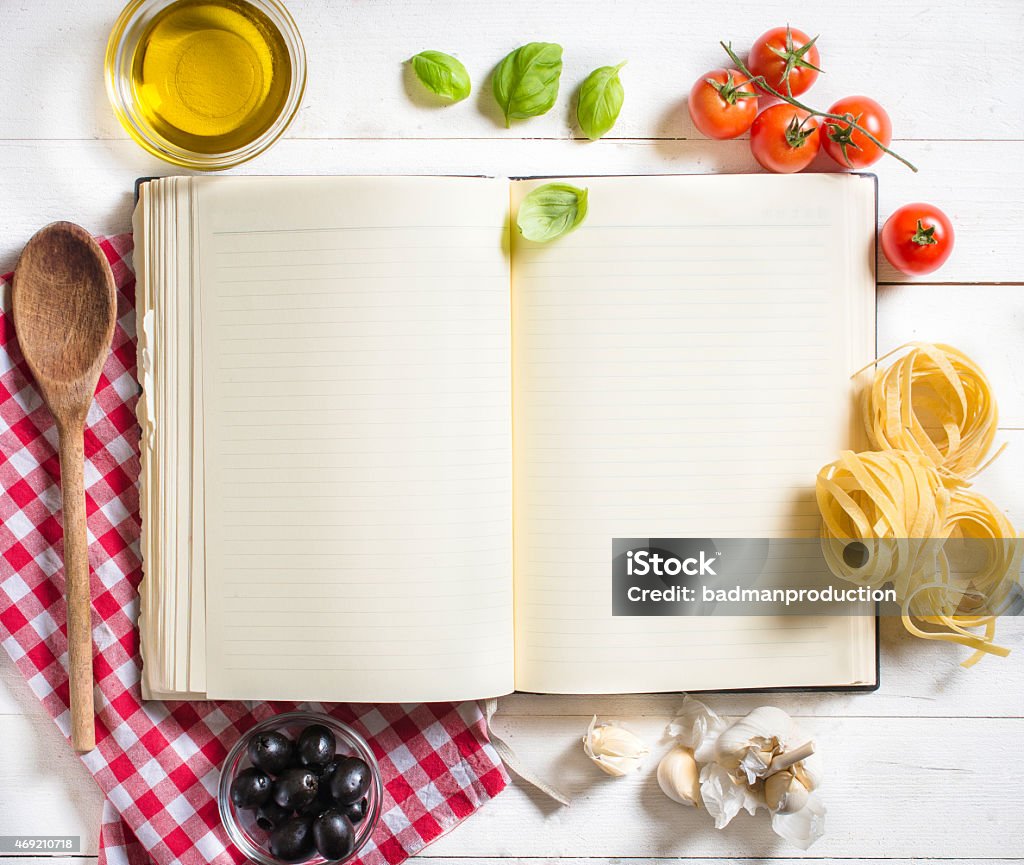 Blank recipe book Blank recipe cooking book and ingredients on white table,selective focus and above Cookbook Stock Photo