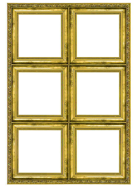Giant golden frame containing six quadrats isolated on white background