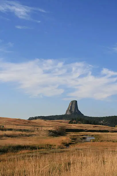 Devils Tower National Monument in Wyoming USA with a stream meandering through the foreground