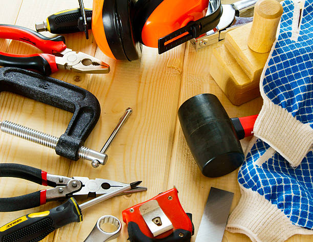 istock Many working tools on a wooden background 469212118